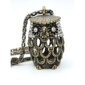 Vintage Bronze Tone Owl Lantern Necklace Heavy Pewter Look 35" Chain